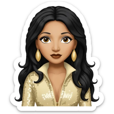 Trina Braxton with long jet black hair, cream sequin outfit sticker