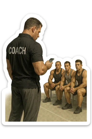 cinematic a bodybuilding coach is seen far away on the sidelines, partially turned away from the team or group, engaged in another activity (like reading, texting, or talking on the phone), while the athletes look toward them for support or instruction. The distance between coach and team is visually clear, symbolizing lack of presence. in italiano sticker