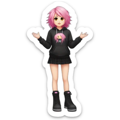 Full body Front view curvy emo girl pink hair sits on the floor straight view hands up black skirt полосатые рваные чулки sticker