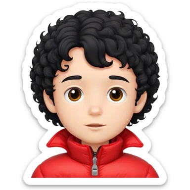 curly black hair little fair boy with red puffy jacket sticker