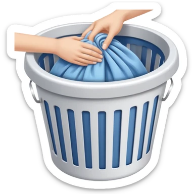 hands placing clothes in a laundry hamper, clean and clear sticker