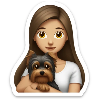 Brunette girl with brown long hair, hugging her yorkie, white sticker