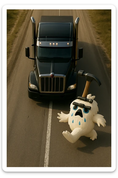 Add a hammer on top of the abominable snowman's head, keep the scene realistic, top-down view, no text. sticker