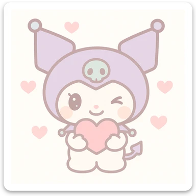 Kuromi character winking and presenting a heart, kawaii style, heart held with both hands sticker