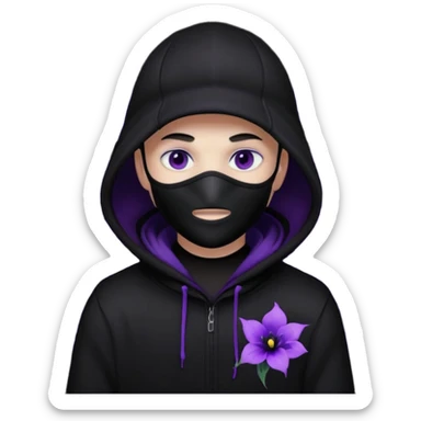 no visible face cartoon blacked character related to a shadow, with all black clothes, focusing a hoodie with his cap on, and a black facemask, just his purple shadow eyes making a light bloom sticker
