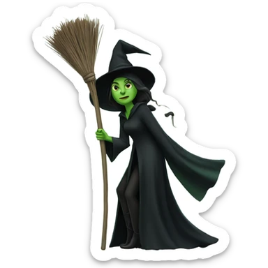A green witch, like Elphaba in Wicked, wearing black and holding a broom stick sticker