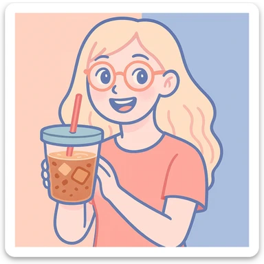 Make her cuter and more aesthetic with soft features, big sparkling eyes, gentle smile, and pastel accents. Keep the vibrant illustration style. sticker