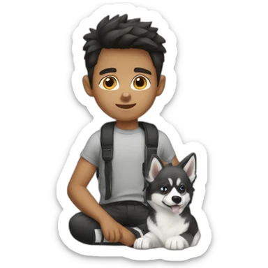 a-boy-accompanied-by-pomsky-black-white sticker
