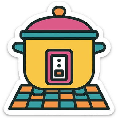 a stylized rice cooker sitting on a chess board, playful and simple sticker