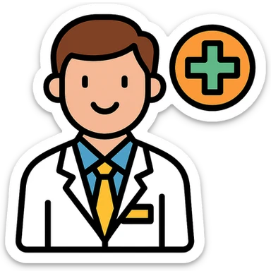 friendly pharmacist with health symbols like green cross sticker