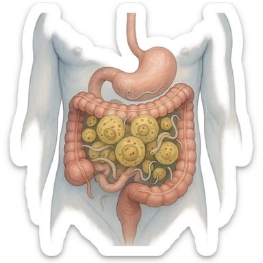 semi-realistic transparent abdomen with blastocystis dominating the microbiome, tapeworms and hookworms less prominent, medical illustration sticker