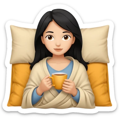 “A relaxed girl with black hair and tan skin, calm facial expression, half of her body covered with a blanket, holding a cup of tea sticker