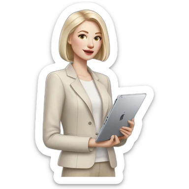 pale skin woman with ash blonde Straightened bob Hair, White Spacious classical jacket, beige palazzo Arrow pants and gray blouse holding a IPad Pro 12.9” in the hands sticker