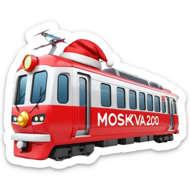 Apple iOS style 3D emoji of a
Moscow Metro train (modern
"Moskva-2020" model) decorated for
New Year. The train has a large red Santa hat on its front and is wrapped in glowing LED garlands. A bright iconic red letter
"M" logo is positioned next to it. Smooth glossy plastic, soft 3D render,  sticker