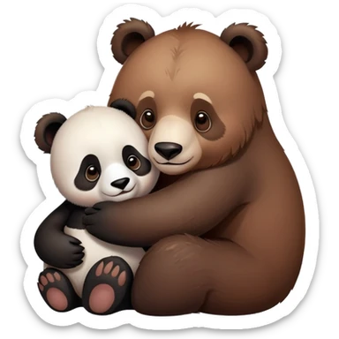 One cute big brown bear hugs a baby panda  sticker