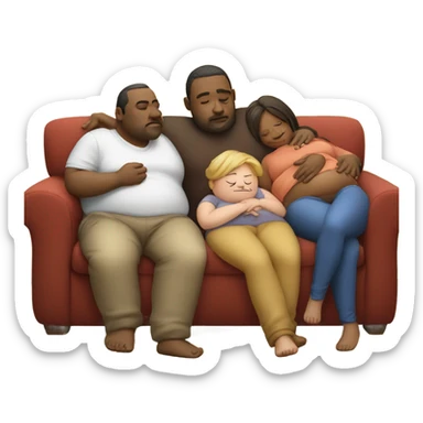 Family sitting on couch sleeping with fat belly’s after eating too much turkey sticker