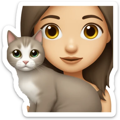 Dark brown straight hair girl with holding fluffy Siberian white cat  sticker