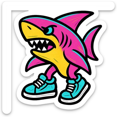 stylized shark with blue sneakers, bold graphic style, not chibi sticker