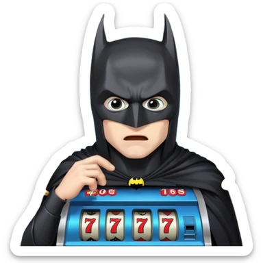 disheveled bat man losing money at a slot machine, panicked face, coins flying sticker
