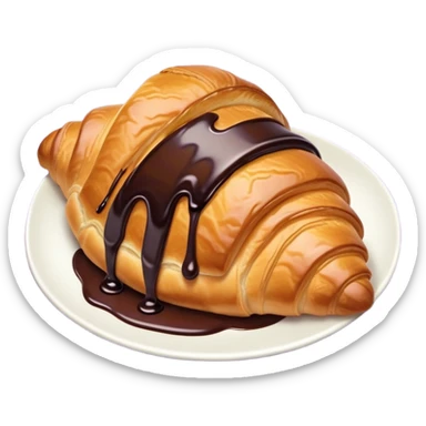 There's a croissant with chocolate syrup on a pale purple napkin sticker
