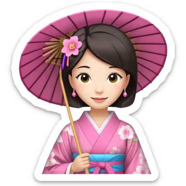 Japanese Princess with paper umbrella, pink kimono sticker