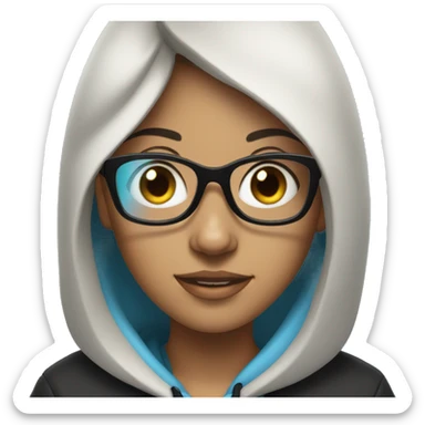 A Girl with black hair, lights blue glasses and a black hoodie  sticker