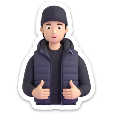 A guy in a hat, black hoodie, and a puffer vest sticker