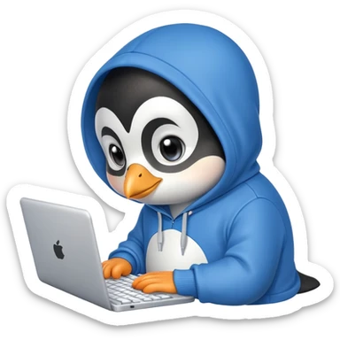 A cute penguin wearing a blue hoodie typing intensely on a laptop keyboard sticker