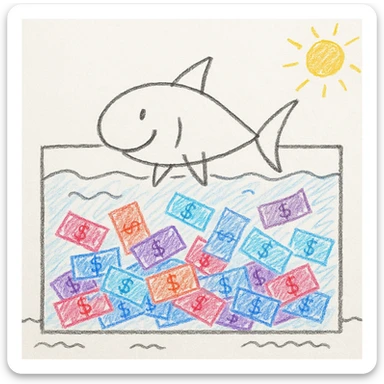 a playful cartoon of a literal shark swimming in a tank full of money, referencing the show Shark Tank, whimsical style, hand drawn children's illustration sticker