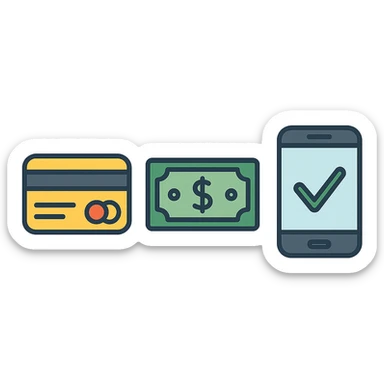 flat toon style payment method icons: credit card, cash, phone sticker