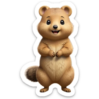 cinematic-quokka-realistic-full-body-standing on its hind legs hunched over-emoji,-small-round-frame-balanced-on-tiny-strong-hind-legs,giant fluffy cheeks large smile-fluffy-brown-fur-radiating-a-warm-softness,-big-round-eyes-filled-with-joy-and-innocence,-tiny-clawed-paws-held-close-to-chest,-cheerful-smile-exuding-endearing-happiness,-simplified-yet-realistic-focused-features,-highly-detailed,-glowing-with-a-sunny-warmth, skinny tail sticker