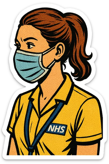 A young female doctor from 2020 wearing a face mask.  She is also wearing an NHS lanyard around her neck and facing left sticker