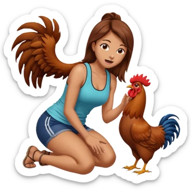 Kneeling Brown hair very large boob Woman open mouth tank top touching one rooster sticker