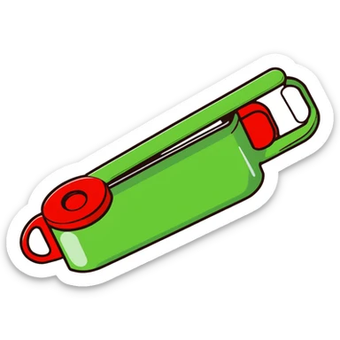 manual can opener with red plastic handle and silver metal cutting edge sticker