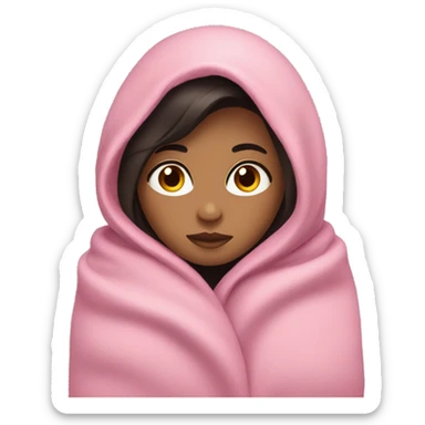Woman with dark hair and blue eyes snuggled in a pink blanket sticker