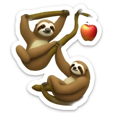 Two sloths hanging from a tree and contemplating an apple sticker