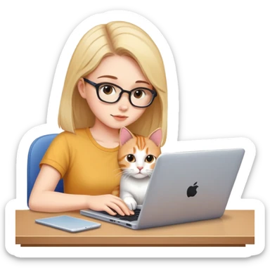 A girl is working hard on a laptop with a cat next to it sticker