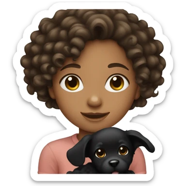 Brunette girl with curly hair holding a black puppy sticker
