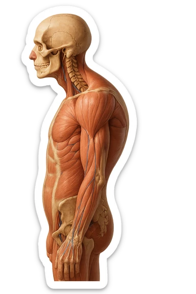 corpo UMANO ANATOMICO di profilo con spalle chiuse in avanti, postura errata, iperrealistico 4k sticker