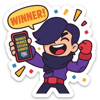 Edgar from Brawl Stars celebrating a win in PUBG Mobile, holding phone up, joyful, cartoon style sticker