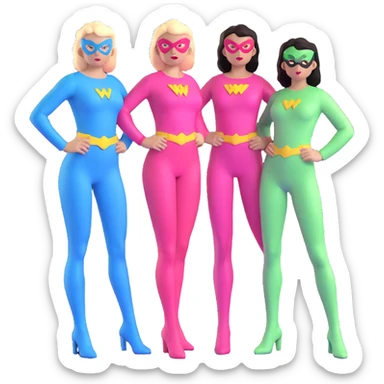 three female superheroes posing together - one wearing light blue outfit, one wearing pink outfit, and one wearing light green outfit sticker