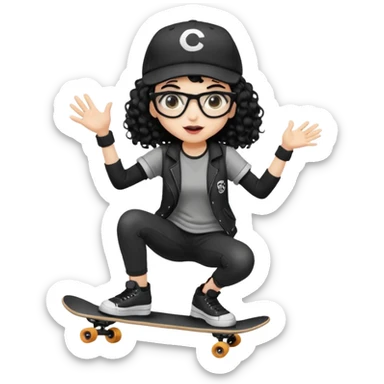 ["An excited girl with light skin, curly hair, wearing a baseball cap and square glasses, dressed in goth fashion, is skateboarding while holding a camera."] Pixal sticker