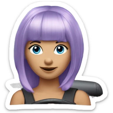 bangs lilac pixie cut hair girl with blue eyes, driving Cooper Mini Convertible show full car sticker