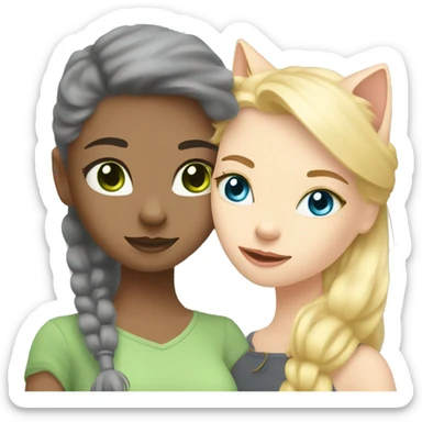 blue eyes grey kitten and green eyes blonde girl are friends sticker