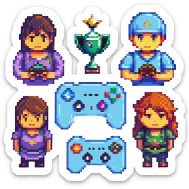 Gaming platform logo for 'qbix88' with controller, trophy and group of players in pixel art style sticker