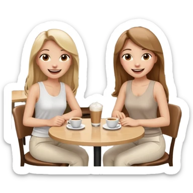 "Cartoon emoji of a girl with long, straight light brown hair, fair skin, brown eyes. Wearing a stylish white top and chic pants. Sitting at a café table, laughing and smiling, full of joy. Next to her, two friends: one blonde, one with black hair, one with brown hair. Smooth, simple, stylized sticker