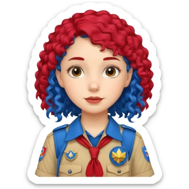 scout girl with red scout uniform, blue curly haired sticker