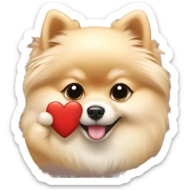 Cream pomeranian holding a heart sticker