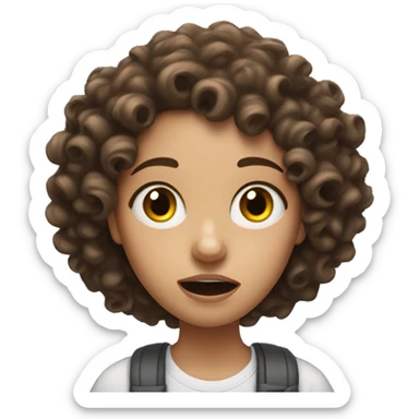 A half black half white girl with curly brown hair going crazy and holding pencil menacingly with crazy eyes sticker