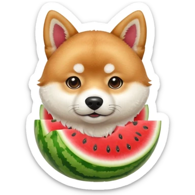 shiba inu with brown eyebrows holding a watermelon sticker
